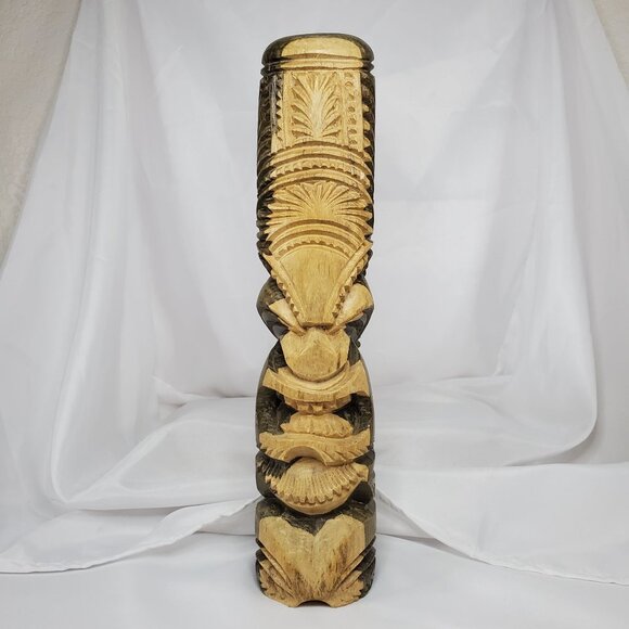 Hawaiian Tiki Totem 14.5" Hibiscus Wood Hand carved Intricate Tribal Design - Picture 1 of 15